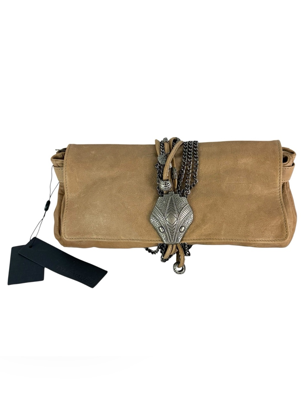 $355 TYLIE MALIBU Taupe Leather Snake Wrap Clutch